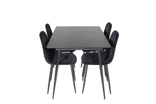 Imagine Masa extensibila Silar - Melamina neagra / Picioare negre + Scaun de dining Polar Diamond - Picioare negre - Catifea neagra