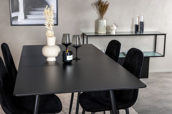 Imagine Masa extensibila Silar - Melamina neagra / Picioare negre + Scaun de dining Polar Diamond - Picioare negre - Catifea neagra