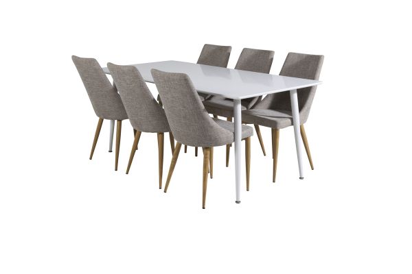 Imagine Masa de dining Polar 180 cm - Blat alb / Picioare albe + 6 scaune de dining Leone - Stejar/Gri deschis