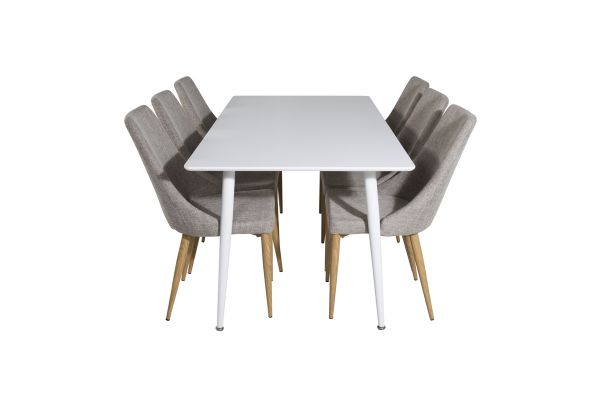 Imagine Masa de dining Polar 180 cm - Blat alb / Picioare albe + 6 scaune de dining Leone - Stejar/Gri deschis