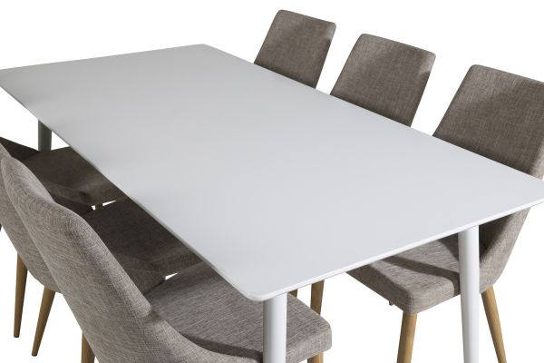 Imagine Masa de dining Polar 180 cm - Blat alb / Picioare albe + 6 scaune de dining Leone - Stejar/Gri deschis