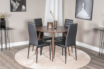 Imagine Please fully translate Plaza Round table 100 cm - Walnut top - Walnut legs+Slim High Back Dining Chair - Black Legs - Black PU_4