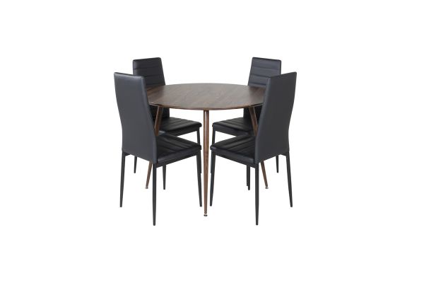 Imagine Please fully translate Plaza Round table 100 cm - Walnut top - Walnut legs+Slim High Back Dining Chair - Black Legs - Black PU_4