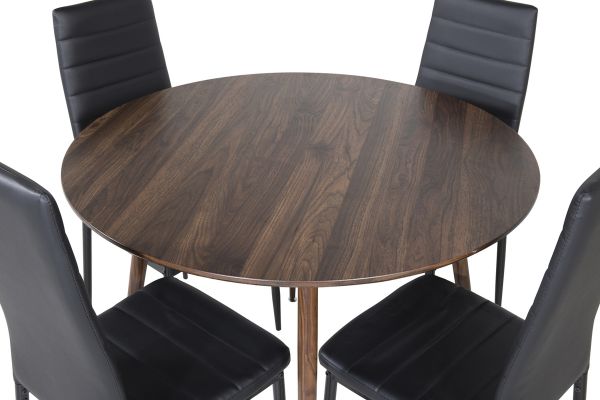 Imagine Please fully translate Plaza Round table 100 cm - Walnut top - Walnut legs+Slim High Back Dining Chair - Black Legs - Black PU_4