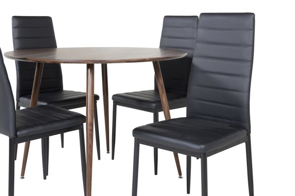 Imagine Please fully translate Plaza Round table 100 cm - Walnut top - Walnut legs+Slim High Back Dining Chair - Black Legs - Black PU_4