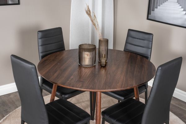 Imagine Please fully translate Plaza Round table 100 cm - Walnut top - Walnut legs+Slim High Back Dining Chair - Black Legs - Black PU_4