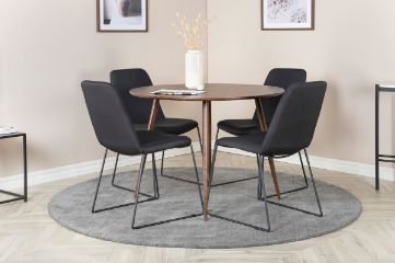 Imagine Masa rotundă Plaza 100 cm - Blat din nuc - Picioare din nuc + Scaun de dining Muce - Picioare negre - Material negru_4