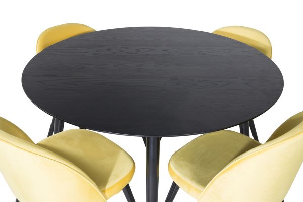 Imagine Masa de Dining Dipp - 115cm - Furnir negru / picioare complet negre + Scaun de dining din catifea - Galben / Negru_4