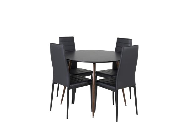 Imagine Vă rugăm să traduceți complet Plaza Round Table 100 cm - Blat negru - Picioare din nuc + Scaun de masă cu spătar înalt subțire - Picioare negre - PU negru_4