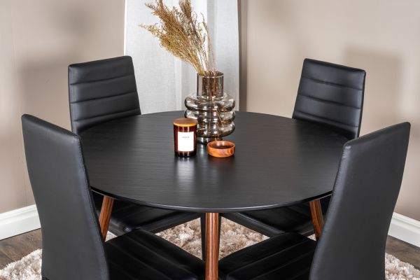 Imagine Vă rugăm să traduceți complet Plaza Round Table 100 cm - Blat negru - Picioare din nuc + Scaun de masă cu spătar înalt subțire - Picioare negre - PU negru_4