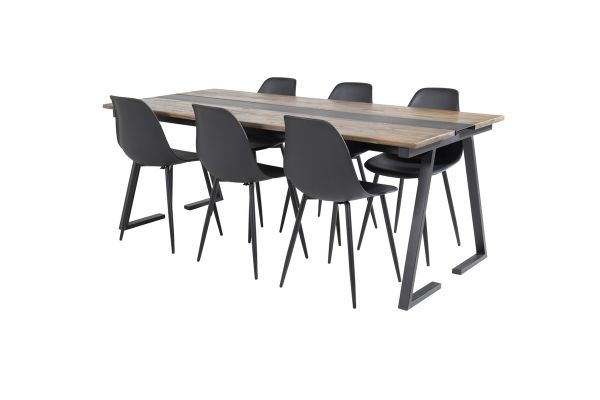 Imagine Te rog sa traduci complet:

Masă de dining Jakarta. 200*90*H75 - Teak Închis / Negru + Scaun de dining din plastic Polar - Picioare negre / Plastic negru_6