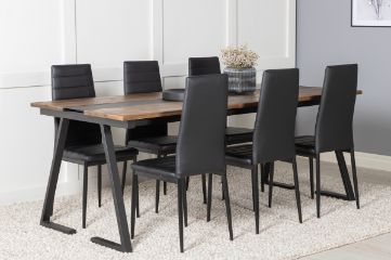 Imagine Masa de dining Jakarta. 200*90*H75 - Teak închis / Negru+Scaun de dining Slim cu spătar înalt - Picioare negre - PU negru_6