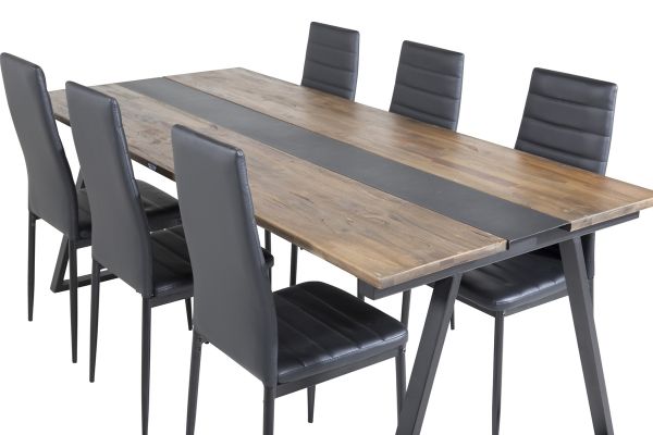 Imagine Masa de dining Jakarta. 200*90*H75 - Teak închis / Negru+Scaun de dining Slim cu spătar înalt - Picioare negre - PU negru_6