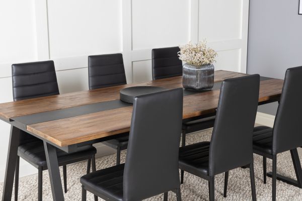 Imagine Masa de dining Jakarta. 200*90*H75 - Teak închis / Negru+Scaun de dining Slim cu spătar înalt - Picioare negre - PU negru_6