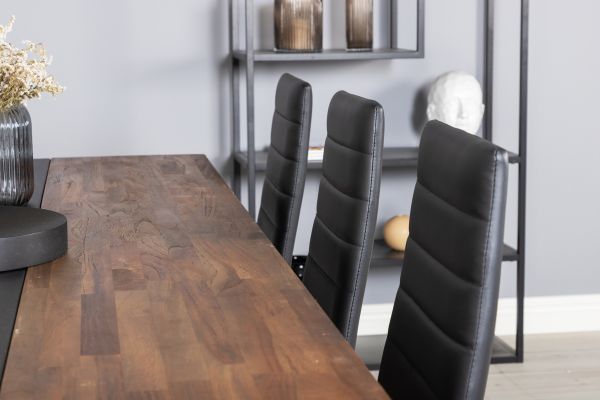 Imagine Masa de dining Jakarta. 200*90*H75 - Teak închis / Negru+Scaun de dining Slim cu spătar înalt - Picioare negre - PU negru_6