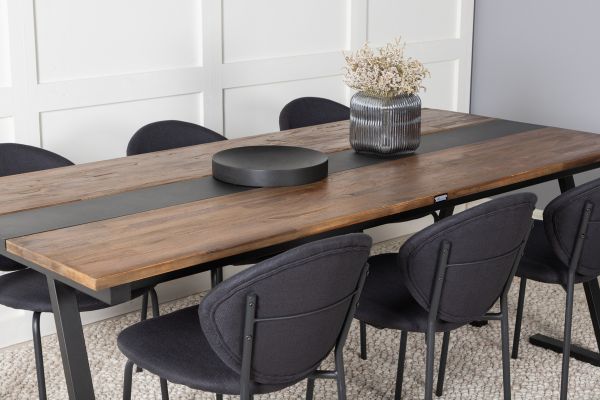 Imagine Masa de dining Jakarta - 200*90*H75 - Teak întunecat / Negru+Scaun de dining Vault - Picioare negre - Material negru_6