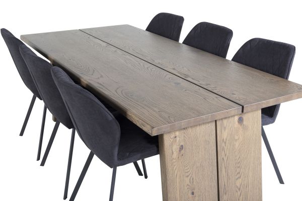 Imagine Tabel de dining Logger - Stejar Fumuriu - 210 cm+ Scaun de dining Gemma - Picioare Negre - Material Negru_6