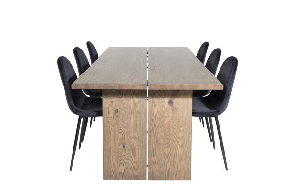 Imagine Masa de dining Logger - Stejar Fumuriu - 210 cm+ 6 scaune de dining Polar - Picioare negre / Catifea neagra (inlocuiesc 19902-888)