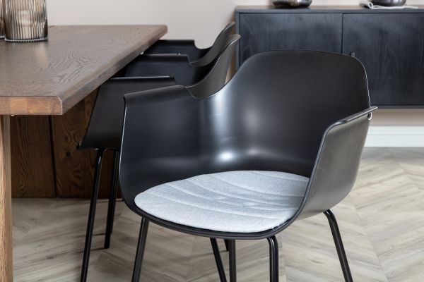 Imagine Masa de dining Logger - Stejar fumat - 210 cm + Scaun de dining plastic Comfort - Picioare negre - Plastic negru_6