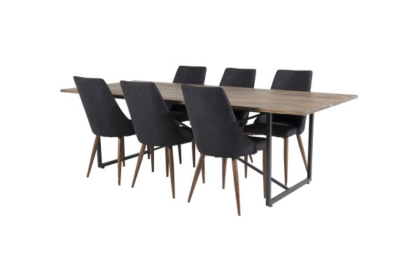 Imagine Masa de dining Padang - 250 * 100 * H76 - Teak întunecat / Negru + Scaun de dining Leone - Picioare din nuc - Material negru_6