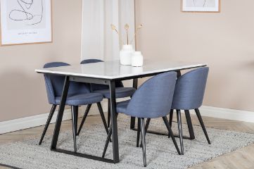 Imagine Vă rog să traduceți complet Tabelul de dining Estelle 140*90 - Alb/Negru+Scaun de dining din catifea - Picioare negre - Material albastru_4