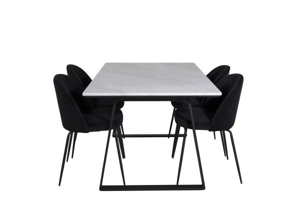 Imagine Masa de dining Estelle 140*90 - Alb / Negru+Scaun de dining Wrinkles - Picioare Negre - Catifea Neagra_4