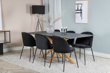 Imagine Masa de dining Piazza - 180*90 - Spraystone/Stejar + Scaun de dining Wrinkles - picioare negre - catifea neagra _6