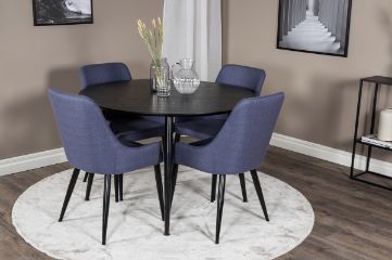 Imagine Masa de dining Dipp - 115cm - Furnir negru / Picioare complet negre + Scaun de dining Plaza - Picioare negre - Material albastru_4