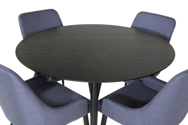 Imagine Masa de dining Dipp - 115cm - Furnir negru / Picioare complet negre + Scaun de dining Plaza - Picioare negre - Material albastru_4