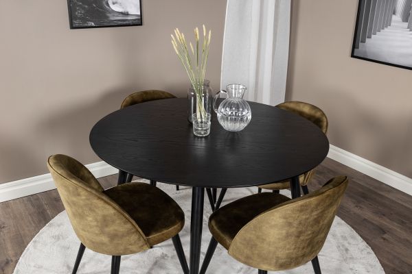 Imagine Masa de dining Dipp - 115cm - Furnir negru / Picioare complet negre + Scaun de dining din catifea - Picioare negre - Catifea verde prafoasa_4