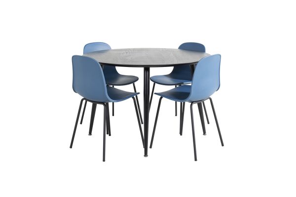 Imagine Vă riluăm complet traducerea:

Masă de dining Dipp - 115cm - Furnir negru / Toate picioarele negre + Scaun de dining Arctic - Picioare negre - Plastic albastru