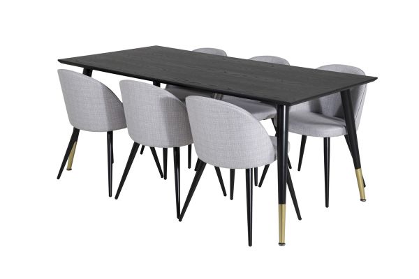 Imagine Masa de dining Dipp - 180*90cm - Negru / Brass Negru+ Scaun de dining din Catifea - Picioare negre - Material gri deschis_6