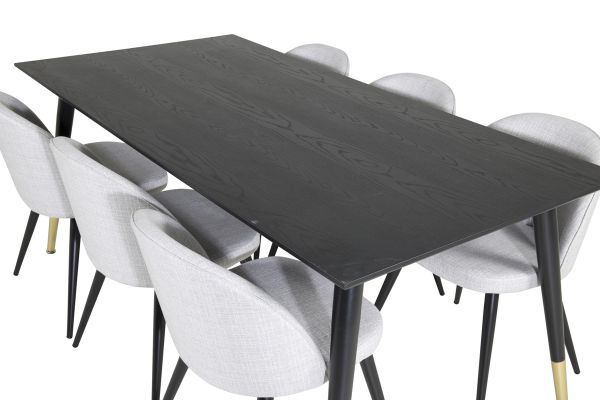 Imagine Masa de dining Dipp - 180*90cm - Negru / Brass Negru+ Scaun de dining din Catifea - Picioare negre - Material gri deschis_6