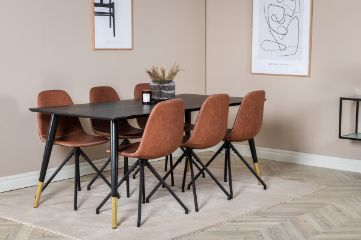 Imagine Masa de dining Dipp - 180 * 90 cm - Negru / Bronz Negru + Scaun de dining Polar cu funcție de rotire - picioare negre - PU maro - cusături albe_6