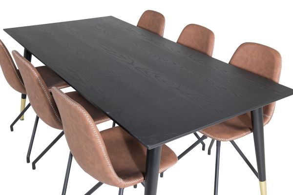 Imagine Masa de dining Dipp - 180 * 90 cm - Negru / Bronz Negru + Scaun de dining Polar cu funcție de rotire - picioare negre - PU maro - cusături albe_6