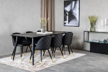 Imagine Masa de Dining Dipp - 180*90cm - Furnir negru / picioare complet negre + Scaun de Dining Velvet cu cusături - PU - Negru / Negru_6