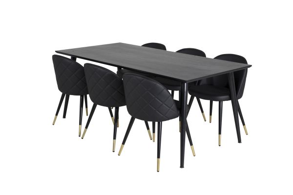 Imagine Masa de Dining Dipp - 180*90cm - Furnir negru / picioare complet negre + Scaun de Dining Velvet cu cusături - PU - Negru / Negru_6