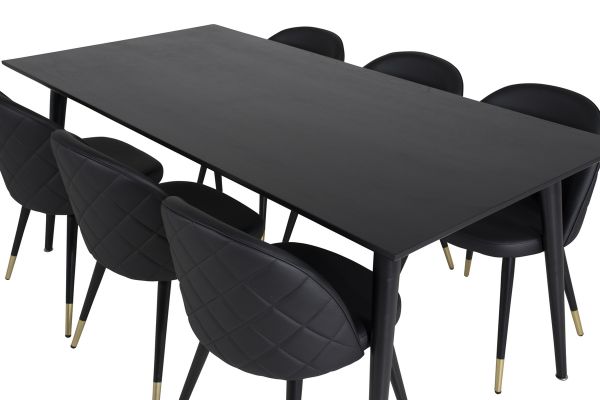 Imagine Masa de Dining Dipp - 180*90cm - Furnir negru / picioare complet negre + Scaun de Dining Velvet cu cusături - PU - Negru / Negru_6