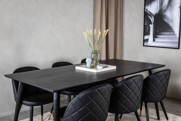 Imagine Masa de Dining Dipp - 180*90cm - Furnir negru / picioare complet negre + Scaun de Dining Velvet cu cusături - PU - Negru / Negru_6