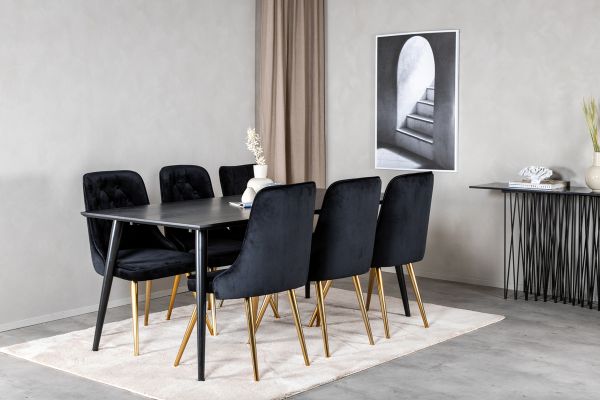 Imagine Masa de dining Dipp - 180*90cm - Furnir negru / picioare complet negre + Scaun de dining Velvet Deluxe - Negru / Brass_6