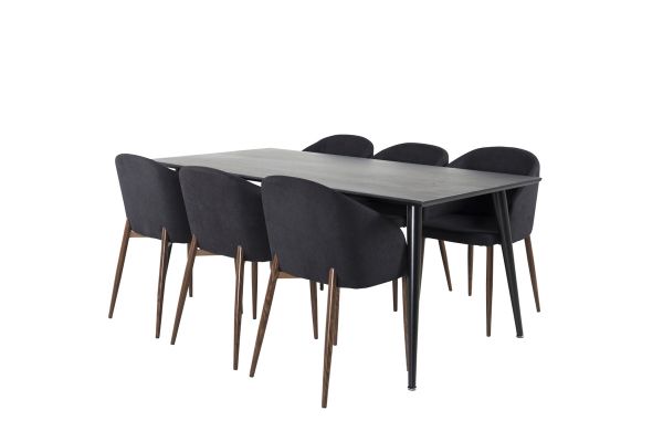 Imagine Masa de dining Dipp - 180*90cm - Furnir negru / picioare negre + Scaun de dining Arch - Picioare de nuc - Material negru_6