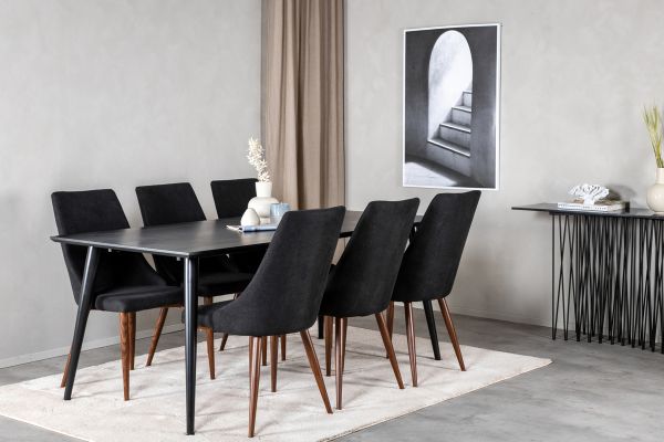 Imagine Masa de dining Dipp - 180*90cm - Furnir negru / picioare complet negre + Scaun de dining Leone - Picioare de nuc - Material negru_6