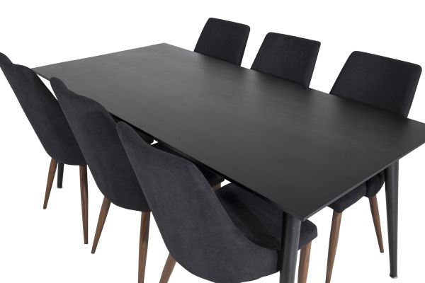 Imagine Masa de dining Dipp - 180*90cm - Furnir negru / picioare complet negre + Scaun de dining Leone - Picioare de nuc - Material negru_6