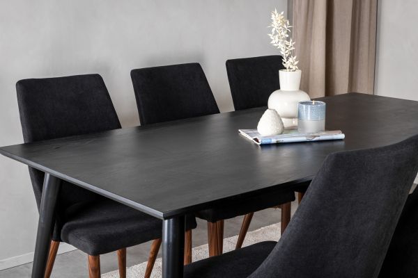 Imagine Masa de dining Dipp - 180*90cm - Furnir negru / picioare complet negre + Scaun de dining Leone - Picioare de nuc - Material negru_6