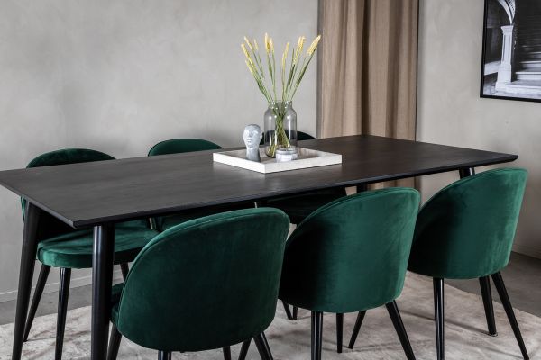 Imagine Masa de Dining Dipp - 180*90cm - Furnir negru / picioare complet negre + Scaun de Dining din Catifea - Verde / Negru_6