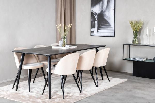 Imagine Masa de dining Dipp - 180*90cm - Furnir negru / picioare complet negre + Scaun de dining Velvet - Bej / Negru_6