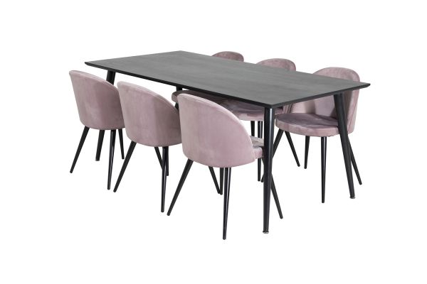 Imagine Masa de Dining Dipp - 180*90cm - Furnir Negru / picioare complet negre + Scaun de Dining de Catifea - Roz / Negru_6