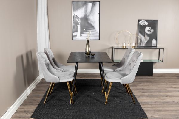 Imagine Dipp Dining Table - 120 cm - Black Veneer - Black Legs w. Brass dipp+Velvet Deluxe Dining Chair - Light Grey / Brass_4