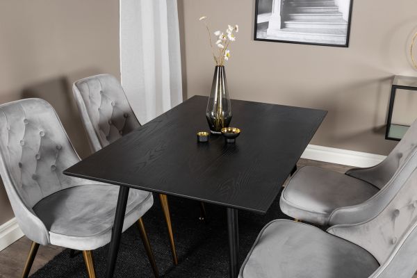 Imagine Dipp Dining Table - 120 cm - Black Veneer - Black Legs w. Brass dipp+Velvet Deluxe Dining Chair - Light Grey / Brass_4