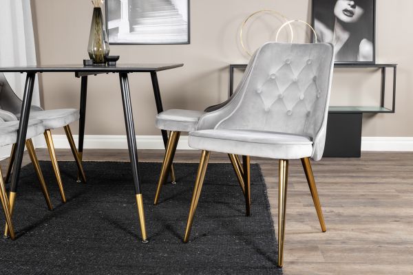 Imagine Dipp Dining Table - 120 cm - Black Veneer - Black Legs w. Brass dipp+Velvet Deluxe Dining Chair - Light Grey / Brass_4